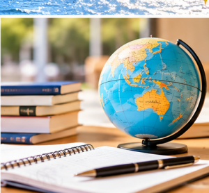 勉強机にオーストラリアの地図が見える地球儀がある
