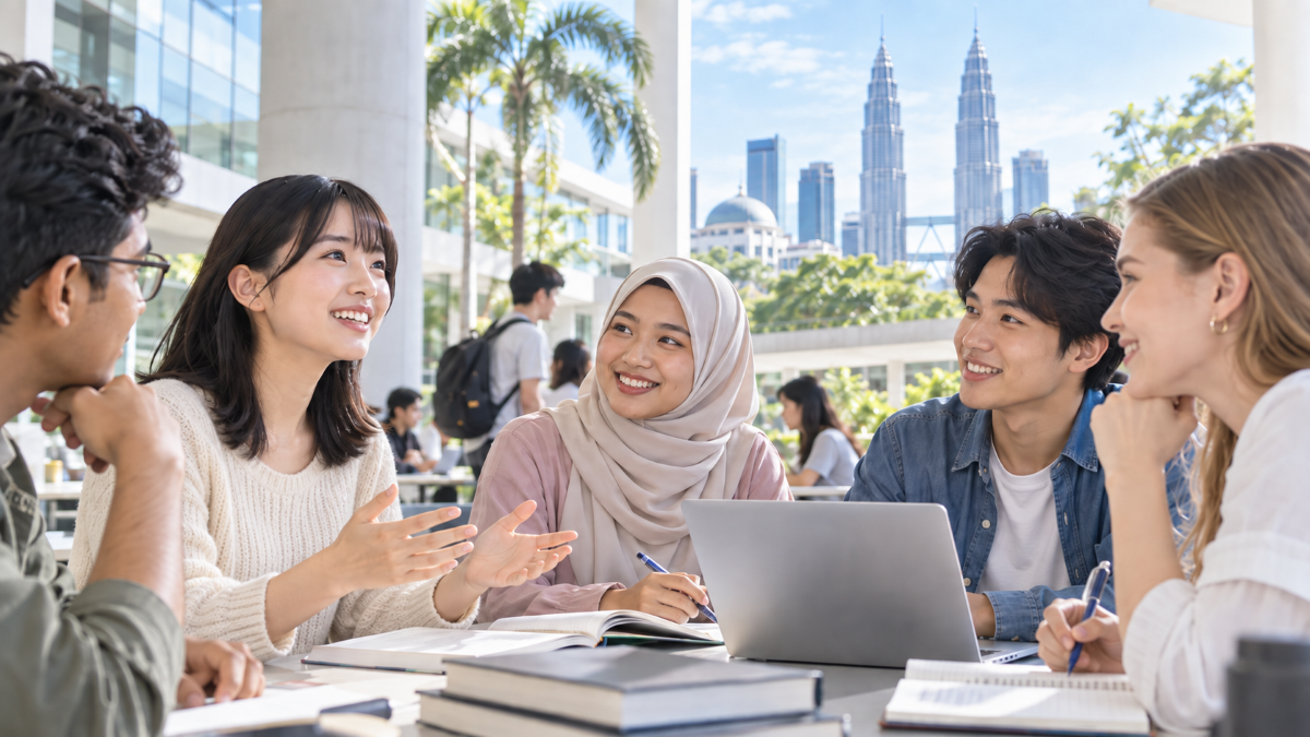 マレーシアの大学キャンパスで、多国籍の学生たちが一緒に勉強する様子
