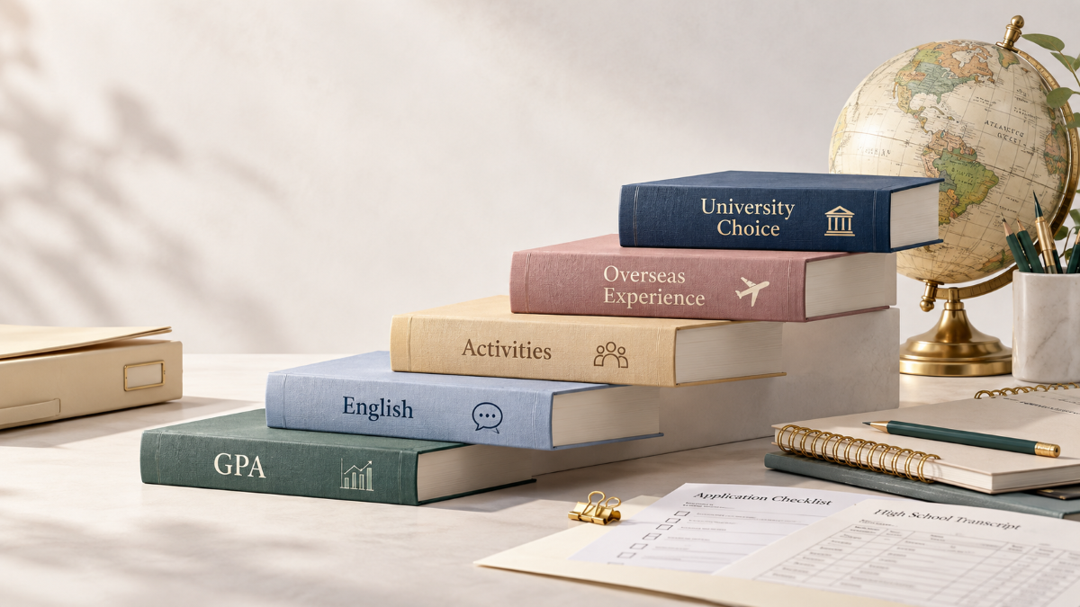 通信制高校から海外大学進学を目指す高校生が3年間で準備したい、GPA・英語力・課外活動・海外経験・大学選びの5つを本で表現したイメージ